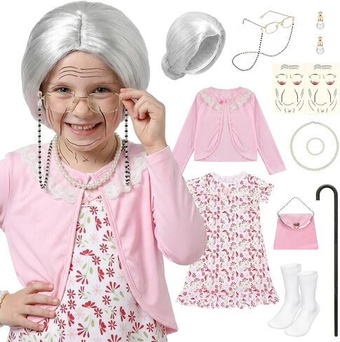 Old Lady Costume for Kids - 100 Days of School Costume for Girls - with Wig, Wrinkle Aging Stickers, Adjustable Cane - 100th Day of School Grandma Costumes for Kids Old Lady Costumes Accessory for 4-8 in Saudi Arabia