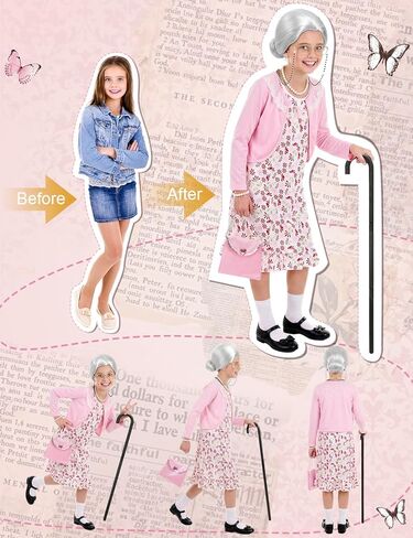 Old Lady Costume for Kids - 100 Days of School Costume for Girls - with Wig, Wrinkle Aging Stickers, Adjustable Cane - 100th Day of School Grandma Costumes for Kids Old Lady Costumes Accessory for 4-8 in Saudi Arabia