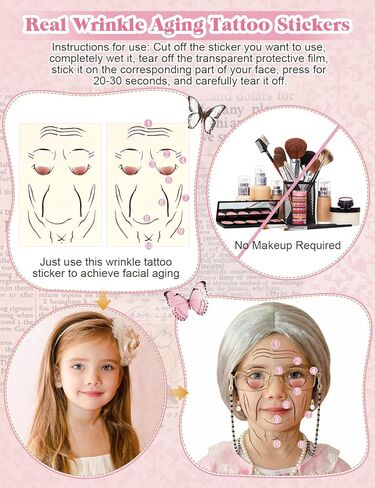 Old Lady Costume for Kids - 100 Days of School Costume for Girls - with Wig, Wrinkle Aging Stickers, Adjustable Cane - 100th Day of School Grandma Costumes for Kids Old Lady Costumes Accessory for 4-8 in Saudi Arabia