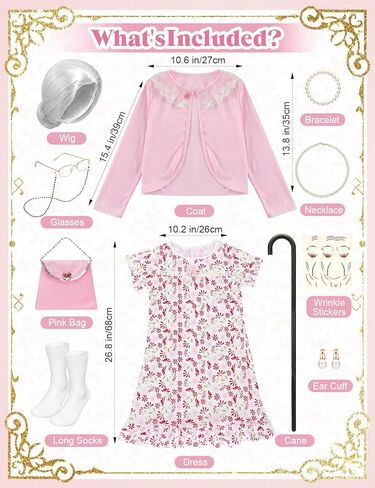 Old Lady Costume for Kids - 100 Days of School Costume for Girls - with Wig, Wrinkle Aging Stickers, Adjustable Cane - 100th Day of School Grandma Costumes for Kids Old Lady Costumes Accessory for 4-8 in Saudi Arabia
