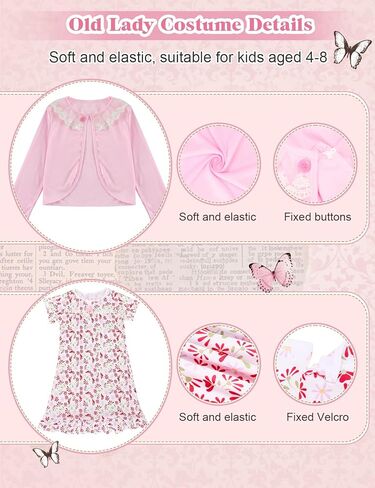 Old Lady Costume for Kids - 100 Days of School Costume for Girls - with Wig, Wrinkle Aging Stickers, Adjustable Cane - 100th Day of School Grandma Costumes for Kids Old Lady Costumes Accessory for 4-8 in Saudi Arabia