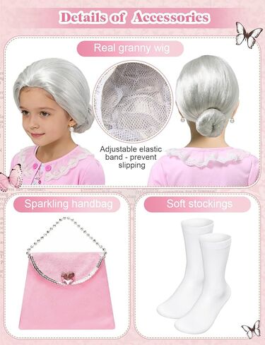 Old Lady Costume for Kids - 100 Days of School Costume for Girls - with Wig, Wrinkle Aging Stickers, Adjustable Cane - 100th Day of School Grandma Costumes for Kids Old Lady Costumes Accessory for 4-8 in Saudi Arabia