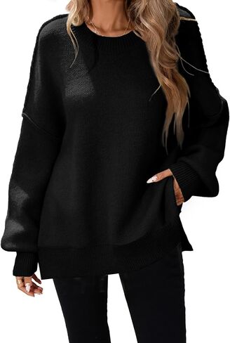 سترة نسائية كبيرة الحجم من SunnyMelody لخريف 2025 بلوفر بياقة دائرية - درزة خارجية، حاشية عالية ومنخفضة، فتحة جانبية in Kuwait