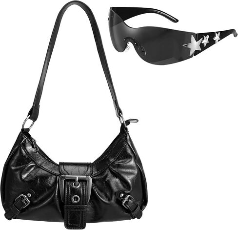 Women's Y2k Purse Vintage Buckle Hobo Shoulder Bag Punk PU Leather Handbag Clutch Purse Y2K Accessories Set in Saudi Arabia