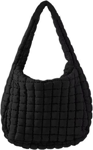 Quilted Puffer Hobo Bag, Large Nylon Crossbody Shoulder Tote, Lightweight Puffy Handbag with Zipper in Saudi Arabia