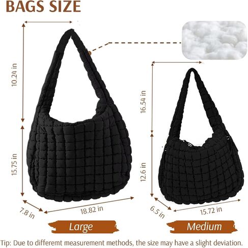 Quilted Puffer Hobo Bag, Large Nylon Crossbody Shoulder Tote, Lightweight Puffy Handbag with Zipper in Saudi Arabia