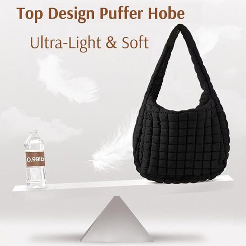 Quilted Puffer Hobo Bag, Large Nylon Crossbody Shoulder Tote, Lightweight Puffy Handbag with Zipper in Saudi Arabia