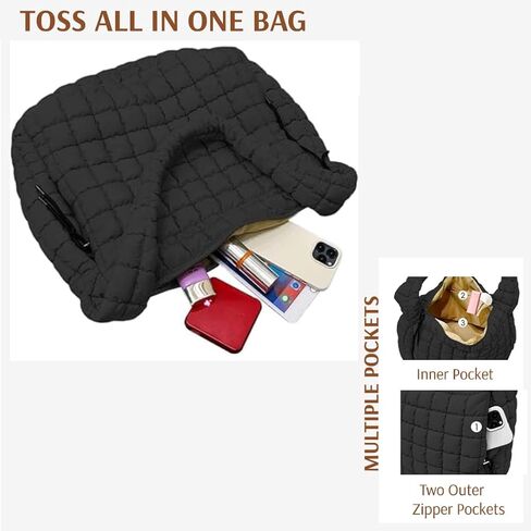 Quilted Puffer Hobo Bag, Large Nylon Crossbody Shoulder Tote, Lightweight Puffy Handbag with Zipper in Saudi Arabia