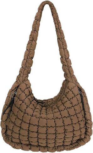 Quilted Puffer Hobo Bag, Large Nylon Crossbody Shoulder Tote, Lightweight Puffy Handbag with Zipper in Saudi Arabia