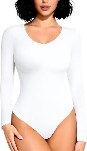 Women's Long Sleeve Bodysuit Round Neck Double Lined Body Suits Basic Slim Shirt Tops in Kuwait