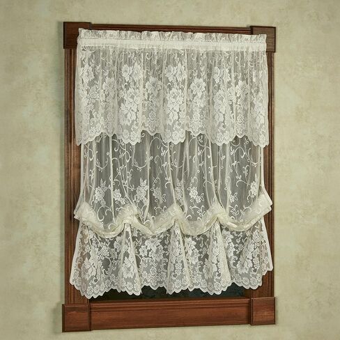 Luxury Sheer Polyester Enchanting Roses Lace Window Treatment | 2 Piece Set: Scallop Valance and Balloon Shade | Classic Flower | Ivory | Rod Pocket | Machine washable | Light Filtering in Kuwait