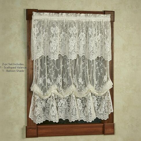Luxury Sheer Polyester Enchanting Roses Lace Window Treatment | 2 Piece Set: Scallop Valance and Balloon Shade | Classic Flower | Ivory | Rod Pocket | Machine washable | Light Filtering in Kuwait
