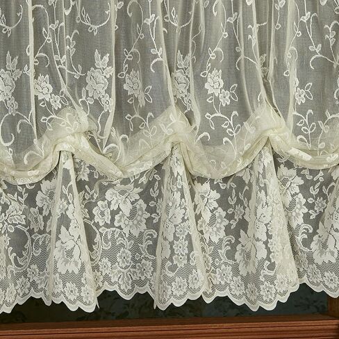 Luxury Sheer Polyester Enchanting Roses Lace Window Treatment | 2 Piece Set: Scallop Valance and Balloon Shade | Classic Flower | Ivory | Rod Pocket | Machine washable | Light Filtering in Kuwait