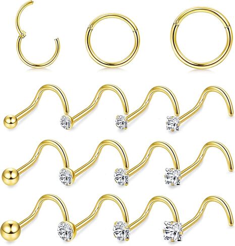 18G Nose Rings Hoops and 20G Nose Studs for Women Men Hypoallergenic 316L Surgical Stainless Steel Clicker Hinged Segment Nose Rings Hoops Ball CZ Simulated Diamond Nose Studs Nose Piercing Jewelry in Kuwait