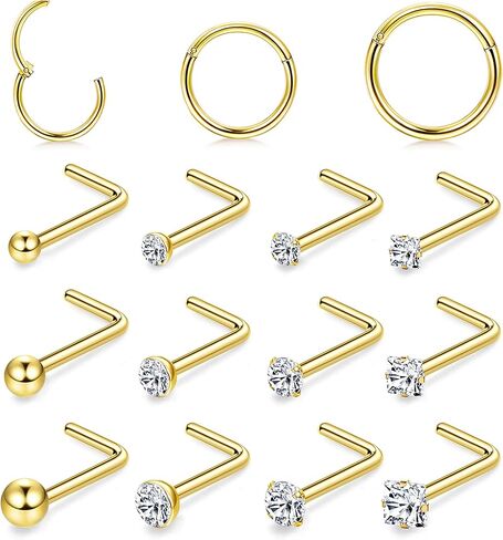 18G Nose Rings Hoops and 20G Nose Studs for Women Men Hypoallergenic 316L Surgical Stainless Steel Clicker Hinged Segment Nose Rings Hoops Ball CZ Simulated Diamond Nose Studs Nose Piercing Jewelry in Kuwait