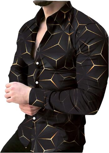 Men's Geometric Graphic Dress Shirts Long Sleeve Button Down Business Work Shirt Tops in Saudi Arabia