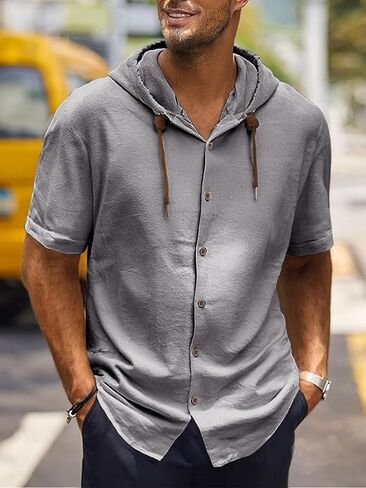 Men's Cotton Linen Short Sleeve Shirts Casual Sweatshirts Button Down Summer Beach Shirts with Hoodies in Saudi Arabia