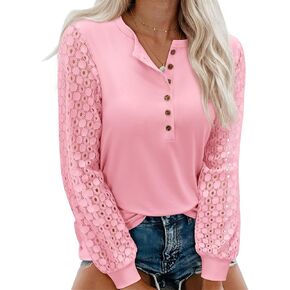 siliteelon Womens Long Sleeve Henley Shirts Lace Eyelet Tops Dressy Casual Blouses 2026 Fall Fashion Outfits Business Work in Saudi Arabia