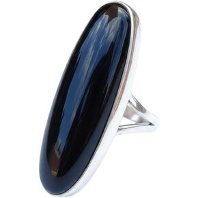Sterling Silver Plated Black Onyx Ring for Women – Long Oval Gemstone Statement Ring – Handmade Adjustable Boho Jewelry – Natural Onyx Fashion Ring in Saudi Arabia