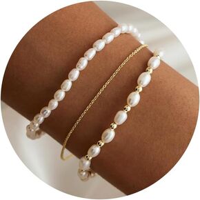 Pearl Bracelets for Women, 14k Gold Plated Dainty Beaded Bracelets Stack Link Chain Charm Bracelets Set Layered Tiny Jewelry for Women Christmas Gifts in Saudi Arabia