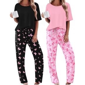 Ekouaer 2 Pack Womens Pajama Sets Short Sleeve Tops and Long Pants Casual Comfy Pjs Lounge Set with Pockets,S-XXL in Kuwait