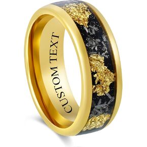Custom Engraved Men's Wedding Ring Yellow Gold Tungsten Meteorite & Gold Leaf Foil Inlay, Personalized Wooden Ring Box - 8mm Comfort Fit in Saudi Arabia