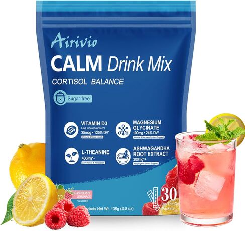 Super Cortisol Drink - Stress Relief & Sleep Aid with calm magnesium powder (Magnesium Glycinate), L-Theanine, Ashwagandha & Vitamin D - No Sugar, On The Go, 30 Count,Raspberry Lemonade Flavor in Saudi Arabia