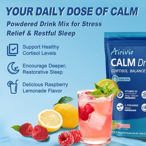 Super Cortisol Drink - Stress Relief & Sleep Aid with calm magnesium powder (Magnesium Glycinate), L-Theanine, Ashwagandha & Vitamin D - No Sugar, On The Go, 30 Count,Raspberry Lemonade Flavor in Saudi Arabia