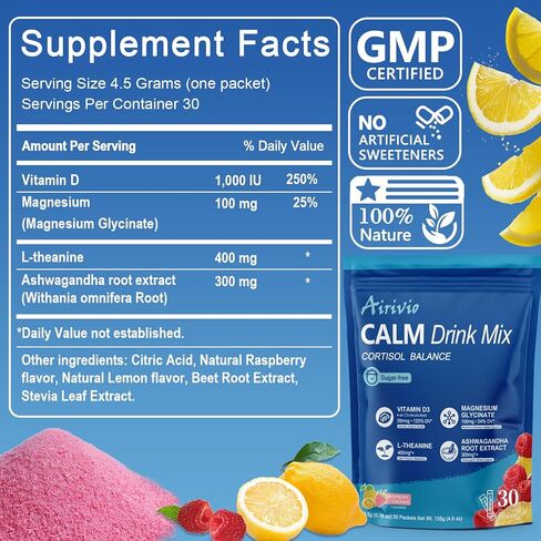 Super Cortisol Drink - Stress Relief & Sleep Aid with calm magnesium powder (Magnesium Glycinate), L-Theanine, Ashwagandha & Vitamin D - No Sugar, On The Go, 30 Count,Raspberry Lemonade Flavor in Saudi Arabia