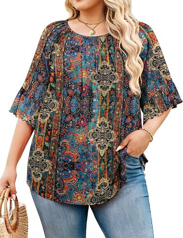 IN'VOLAND Plus Size Tops for Women 3/4 Sleeve Shirts Dressy Casual Crew Neck Blouse Spring Summer Clothes in Saudi Arabia