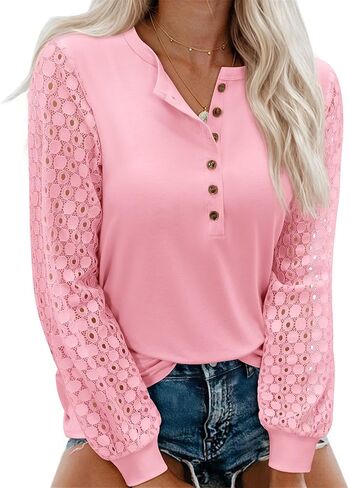 siliteelon Womens Long Sleeve Henley Shirts Lace Eyelet Tops Dressy Casual Blouses 2026 Fall Fashion Outfits Business Work in Saudi Arabia