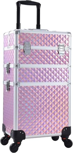 Adazzo 3 in 1 Professional Rolling Makeup Train Case Aluminum Trolley Case with 360° Rotation Wheels for Makuep Artist Cosmetic Suitcase Organizer with Lock and Key Diamond Pattern - Pink in Saudi Arabia