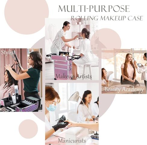 Adazzo 3 in 1 Professional Rolling Makeup Train Case Aluminum Trolley Case with 360° Rotation Wheels for Makuep Artist Cosmetic Suitcase Organizer with Lock and Key Diamond Pattern - Pink in Saudi Arabia