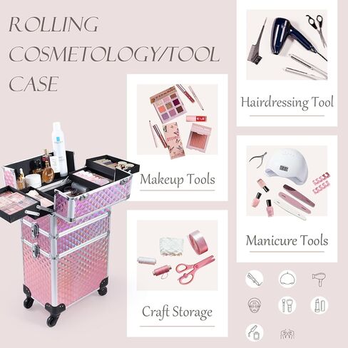 Adazzo 3 in 1 Professional Rolling Makeup Train Case Aluminum Trolley Case with 360° Rotation Wheels for Makuep Artist Cosmetic Suitcase Organizer with Lock and Key Diamond Pattern - Pink in Saudi Arabia