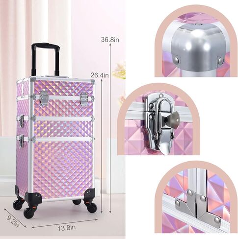 Adazzo 3 in 1 Professional Rolling Makeup Train Case Aluminum Trolley Case with 360° Rotation Wheels for Makuep Artist Cosmetic Suitcase Organizer with Lock and Key Diamond Pattern - Pink in Saudi Arabia