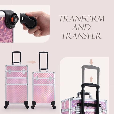 Adazzo 3 in 1 Professional Rolling Makeup Train Case Aluminum Trolley Case with 360° Rotation Wheels for Makuep Artist Cosmetic Suitcase Organizer with Lock and Key Diamond Pattern - Pink in Saudi Arabia