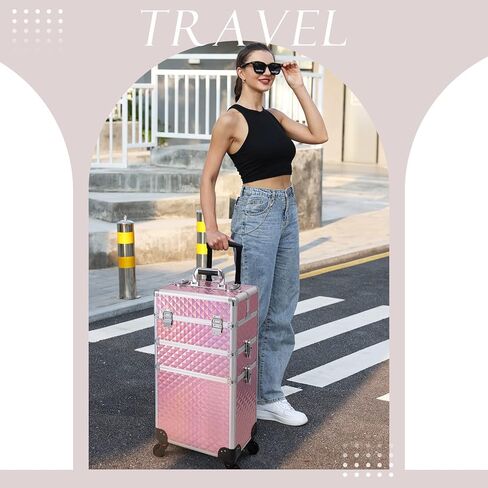Adazzo 3 in 1 Professional Rolling Makeup Train Case Aluminum Trolley Case with 360° Rotation Wheels for Makuep Artist Cosmetic Suitcase Organizer with Lock and Key Diamond Pattern - Pink in Saudi Arabia