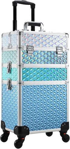 Adazzo 3 in 1 Professional Rolling Makeup Train Case Aluminum Trolley Case with 360° Rotation Wheels for Makuep Artist Cosmetic Suitcase Organizer with Lock and Key Diamond Pattern - Pink in Saudi Arabia