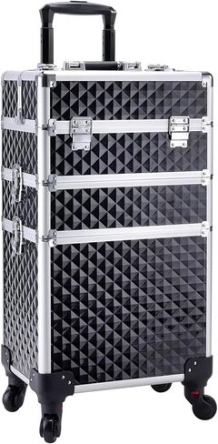 Adazzo 3 في 1 حقيبة قطار مكياج احترافية من الألومنيوم بعجلات دوران 360 درجة لمنظم حقيبة مستحضرات التجميل Makuep Artist مع قفل ومفتاح نمط ماسي - وردي in Kuwait