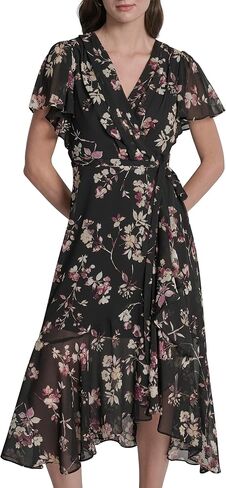DKNY Womens Cap Sleeve Surplice Neck Side Tie Faux Wrap Midi Dress in Saudi Arabia
