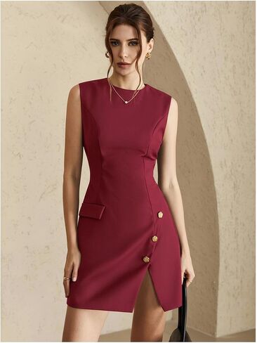 Women's Crew Neck Button Front Mini Dress Sleeveless Split Hem Work Business Casual Dresses in Saudi Arabia