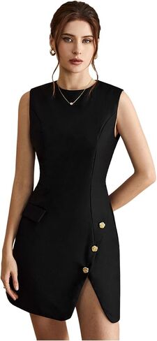 Women's Crew Neck Button Front Mini Dress Sleeveless Split Hem Work Business Casual Dresses in Saudi Arabia