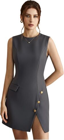 Women's Crew Neck Button Front Mini Dress Sleeveless Split Hem Work Business Casual Dresses in Saudi Arabia