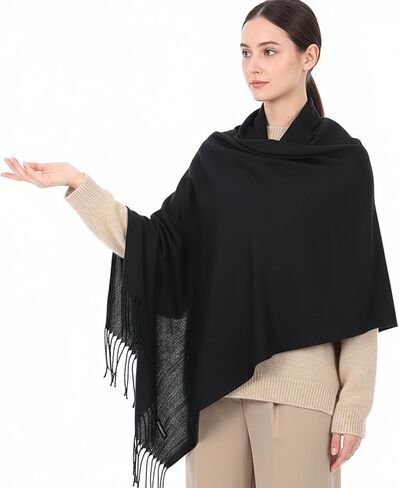 وشاح شتوي للنساء والرجال، وشاح دافئ ناعم بحافة شرابة، شال أسود أنيق للنساء، وشاح متعدد الاستخدامات مع هامش للسهرات، الزفاف، ودفء الشتاء in Kuwait