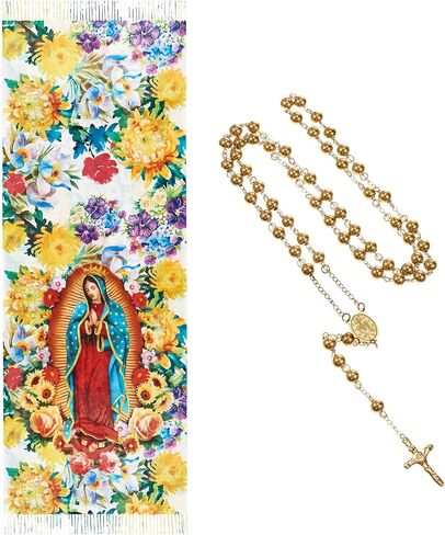 Jecery 2 Pcs Virgin Mary Long Scarf and Virgin Mary Bead Cross Necklace Virgen De Guadalup Blanket Scarf Shawls for Women (White) in Saudi Arabia