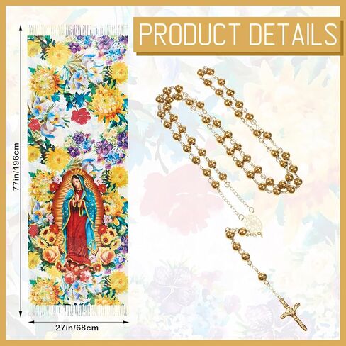 Jecery 2 Pcs Virgin Mary Long Scarf and Virgin Mary Bead Cross Necklace Virgen De Guadalup Blanket Scarf Shawls for Women (White) in Saudi Arabia