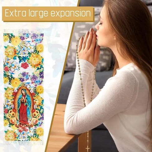 Jecery 2 Pcs Virgin Mary Long Scarf and Virgin Mary Bead Cross Necklace Virgen De Guadalup Blanket Scarf Shawls for Women (White) in Saudi Arabia
