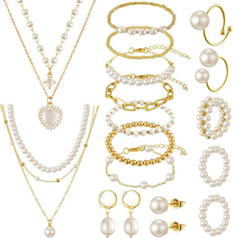 Tondiamo 17 Pcs Gold Pearl Rhinestone Jewelry Set for Women Gold Plated Pearl Layer Charm Necklace Bracelets Earrings Rings Trendy Jewelry Set for Women Valentine's Day Wedding Gifts in Saudi Arabia