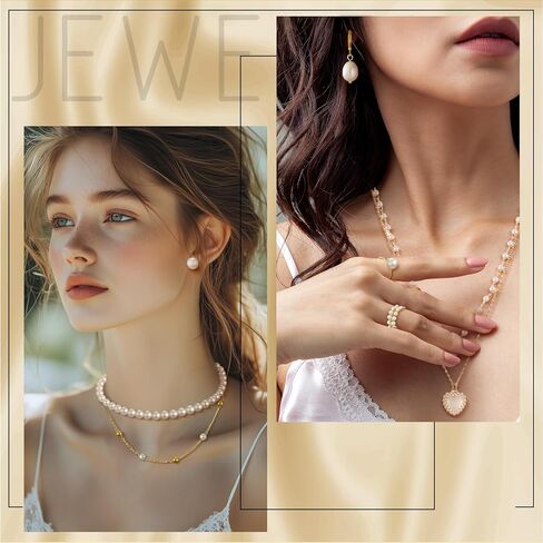 Tondiamo 17 Pcs Gold Pearl Rhinestone Jewelry Set for Women Gold Plated Pearl Layer Charm Necklace Bracelets Earrings Rings Trendy Jewelry Set for Women Valentine's Day Wedding Gifts in Saudi Arabia