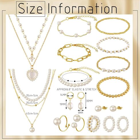 Tondiamo 17 Pcs Gold Pearl Rhinestone Jewelry Set for Women Gold Plated Pearl Layer Charm Necklace Bracelets Earrings Rings Trendy Jewelry Set for Women Valentine's Day Wedding Gifts in Saudi Arabia